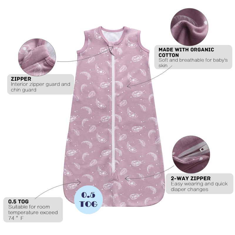 Owlivia Baby Organic Cotton 0.5 TOG Wearable Blanket-Light Sleeping Bag with 2-Way Zipper, Boys Girls Swaddle Transition Sleep Sack(0.5 TOG Feather Mauve, 12-18 Months) - Image 5